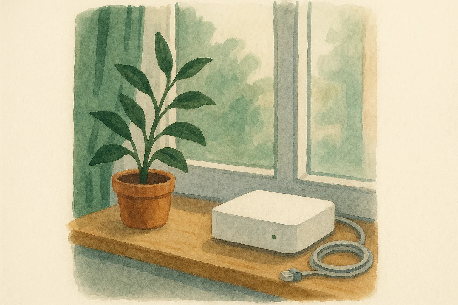 A small white internet router on a windowsill with a coiled ethernet cable.