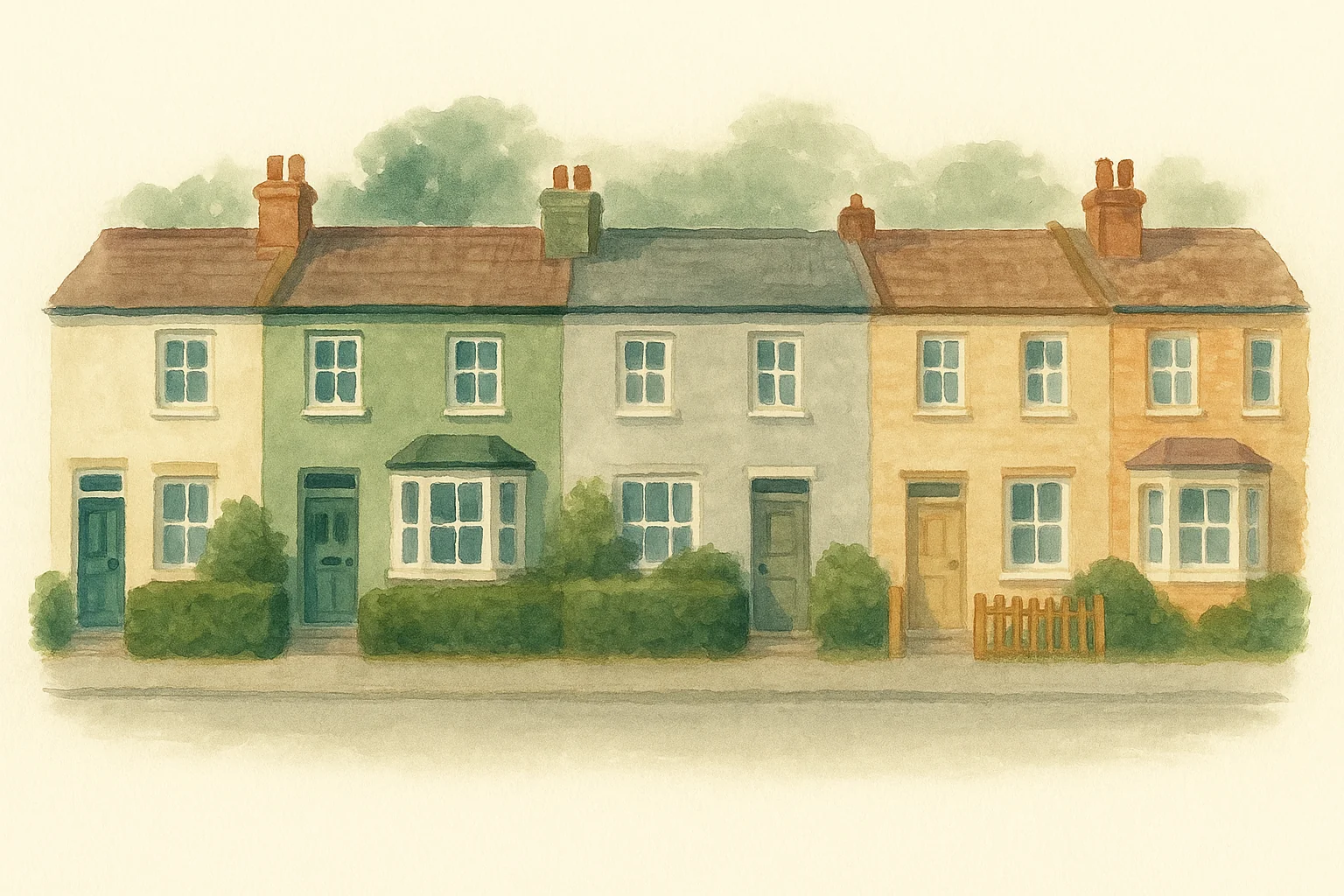 A row of British terraced houses in slightly different muted colours.