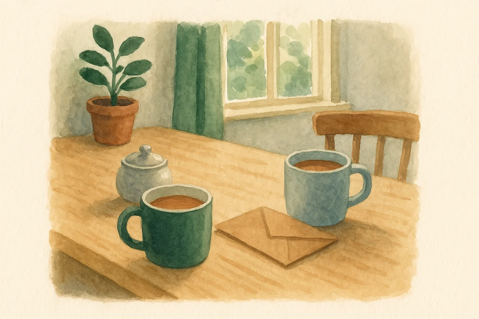 A wooden kitchen table with two mugs of tea and a folded brown envelope.