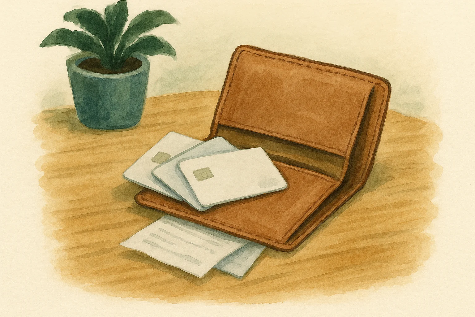 A leather wallet open on a wooden surface with three plain payment cards.