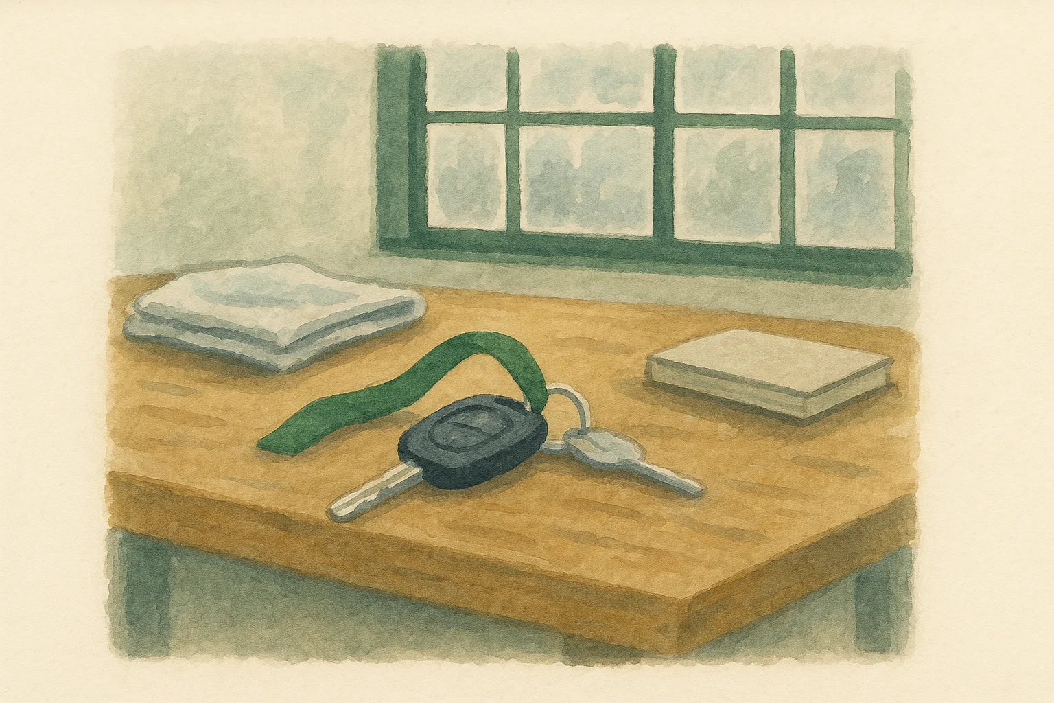 A car key with a green ribbon resting on a wooden workbench.