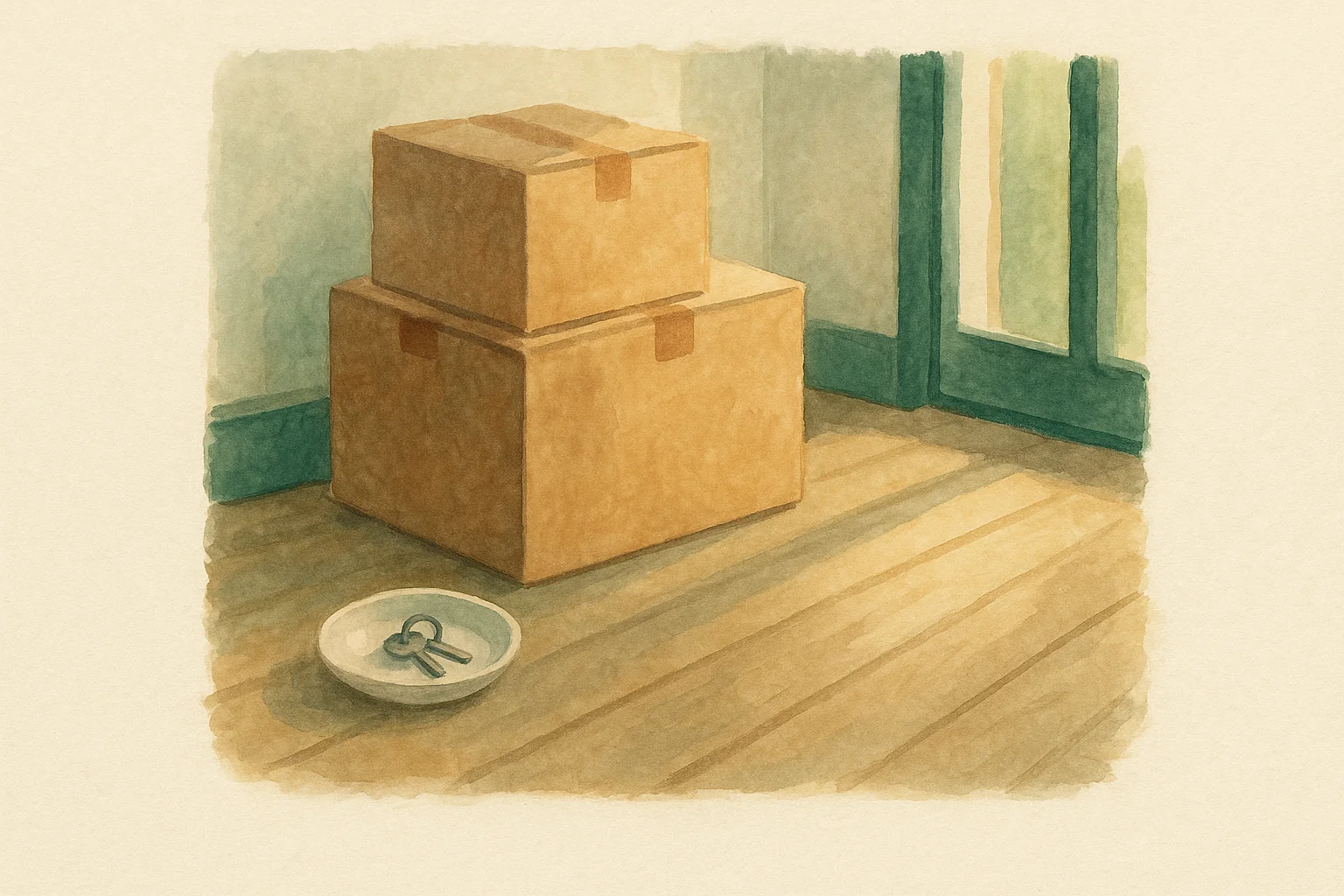 A set of door keys on a small ceramic dish next to a stack of moving boxes.