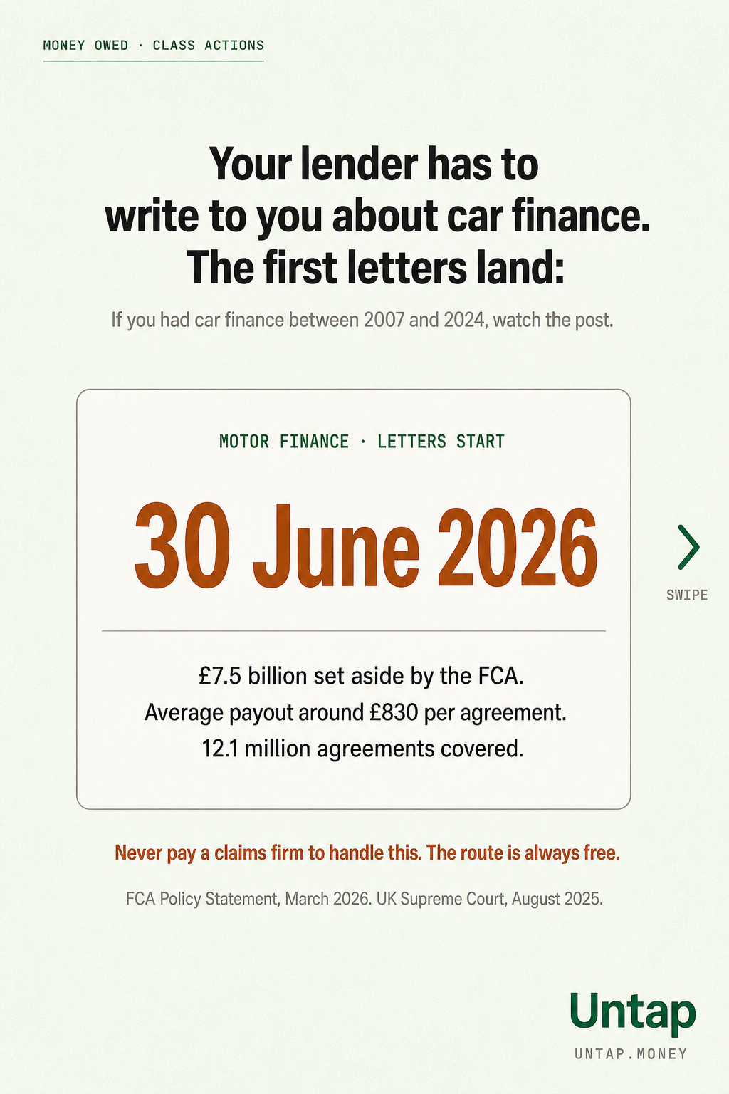 A single tile card showing 30 June 2026 as the start of motor finance redress letters, with £7.5 billion set aside, average £830 per agreement, 12.1 million agreements covered.