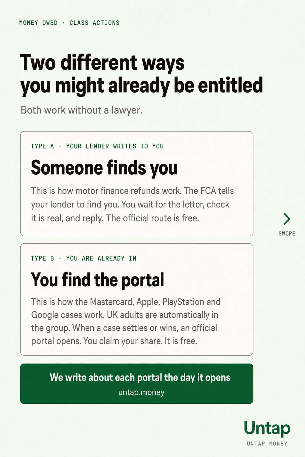 Two tile cards explaining the two ways UK consumers might be entitled to class-action money: regulator-led (motor finance) and opt-out class actions (Mastercard, Apple, PlayStation, Google).
