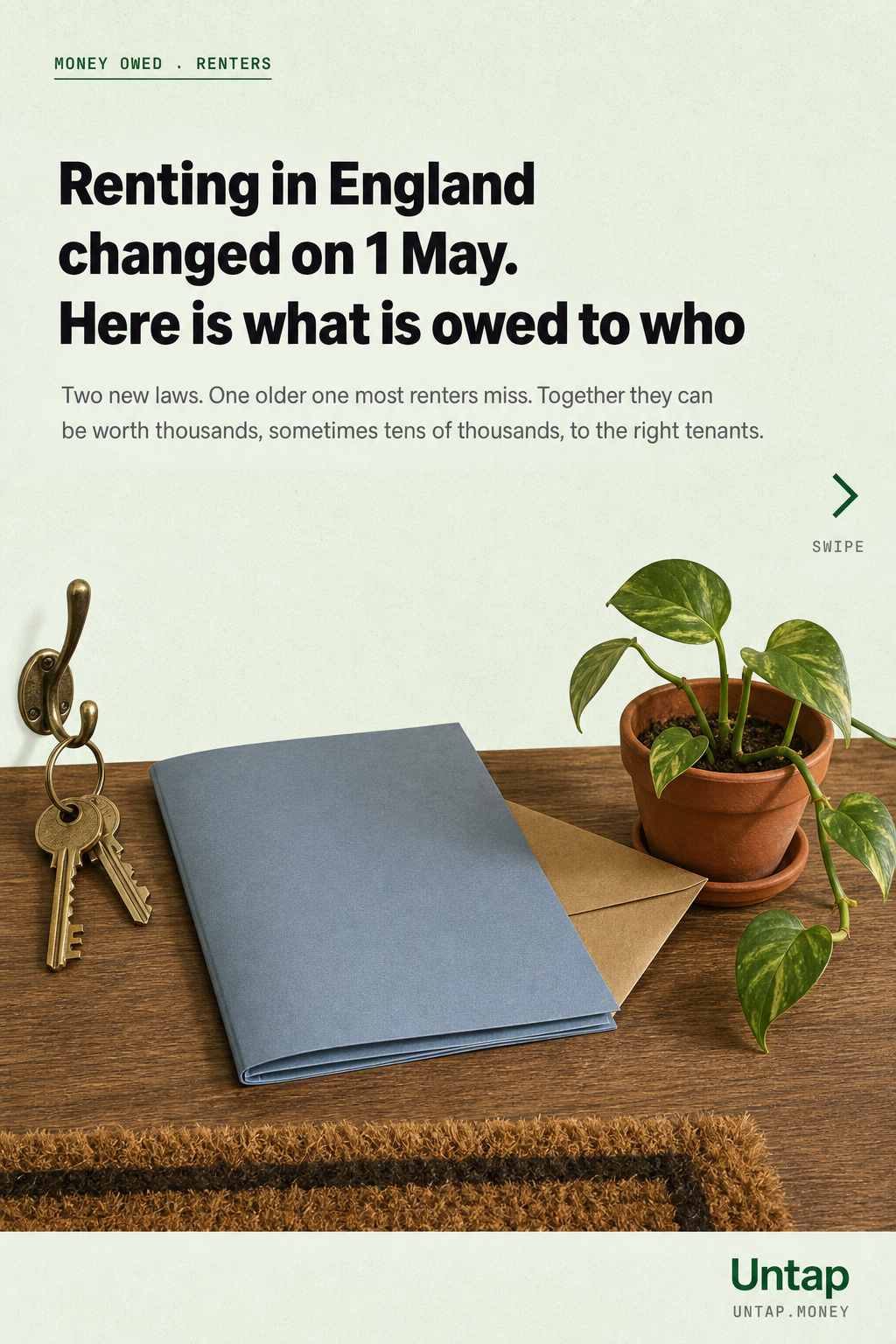 A still life with brass keys on a wall hook, a folded tenancy document, a small terracotta-potted houseplant and the corner of a coir doormat on a wooden tabletop. Flat editorial illustration.