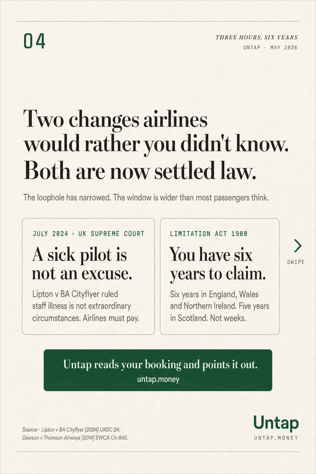 Two cards. Left: July 2024 UK Supreme Court, Lipton v BA Cityflyer, sick crew is not extraordinary. Right: Limitation Act 1980, six years to claim in England and Wales, five in Scotland.