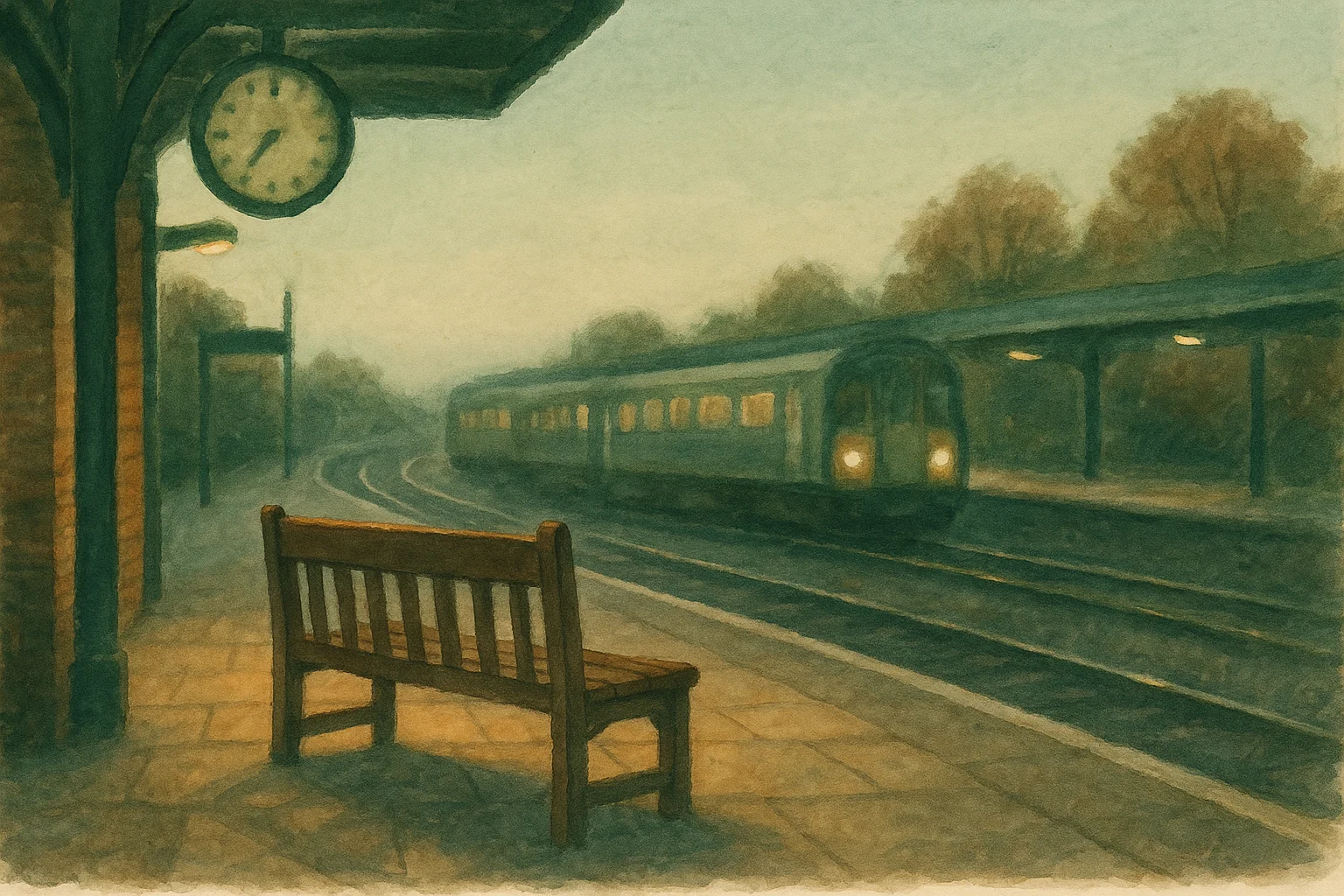 A British railway platform at dusk, the back of a single empty bench in the foreground.